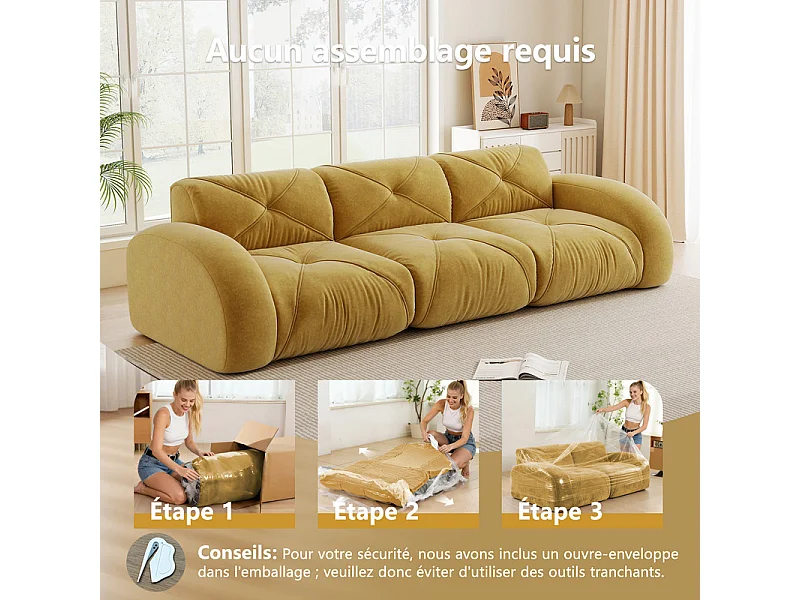 Canapé 3 places modulable en tissu chenille, 281x95x76cm, Jaune