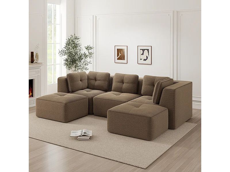 Canapé d'angle modulable en U en velours côtelé - avec 2 pouf - 297x177x69cm - Marron