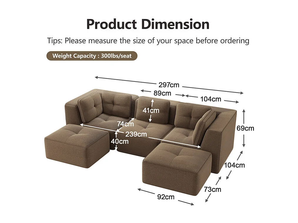 Canapé d'angle modulable en U en velours côtelé - avec 2 pouf - 297x177x69cm - Marron