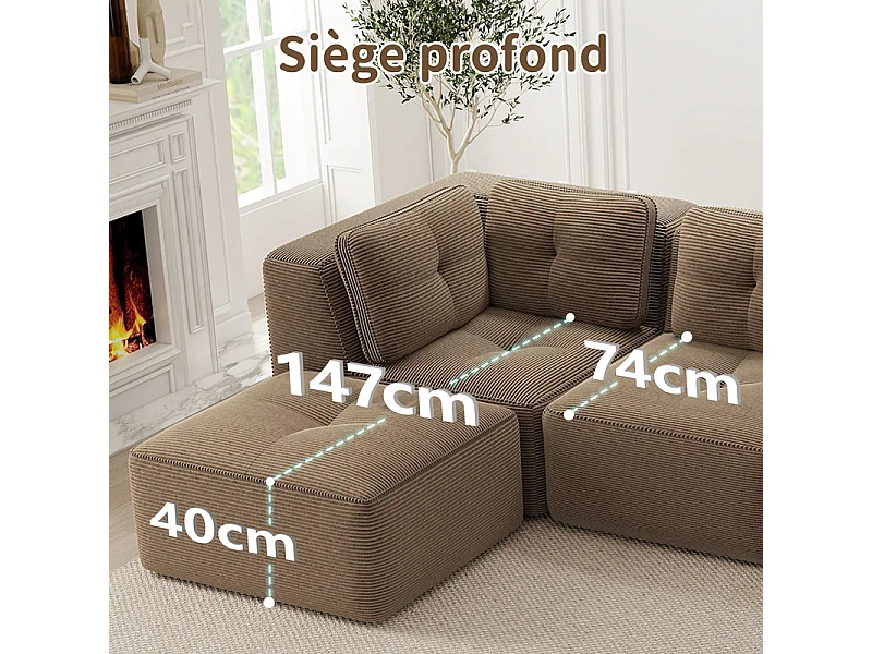 Canapé d'angle modulable en U en velours côtelé - avec 2 pouf - 297x177x69cm - Marron