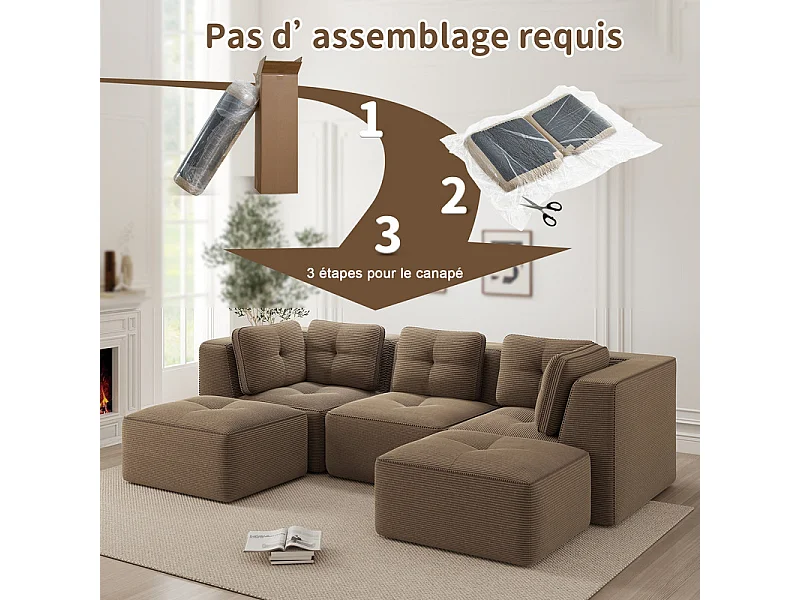 Canapé d'angle modulable en U en velours côtelé - avec 2 pouf - 297x177x69cm - Marron