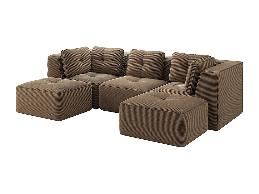 Canapé d'angle modulable en U en velours côtelé - avec 2 pouf - 297x177x69cm - Marron