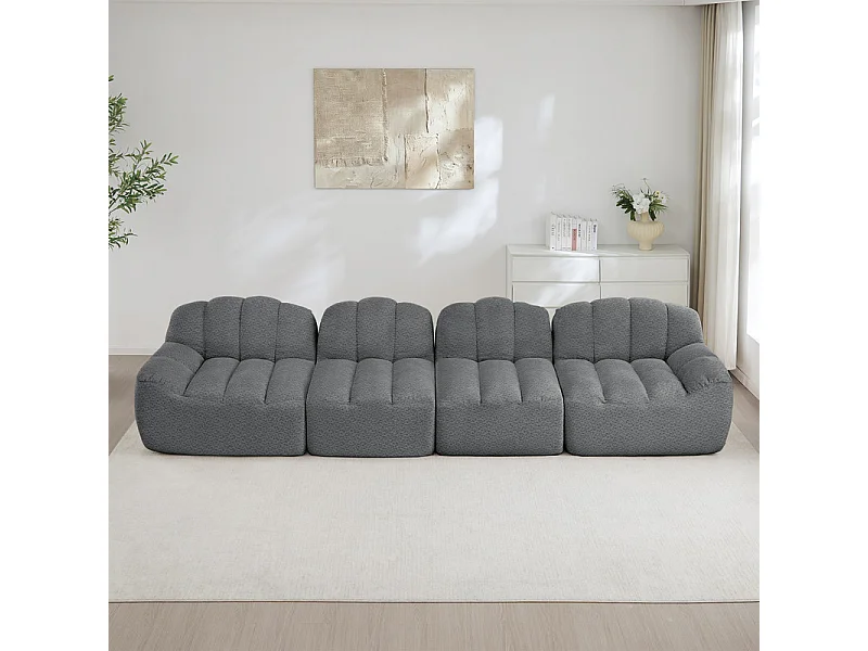 Canapé 4 places modulable en velours côtelé, ergonomique, sans assemblage, 366x104x79cm, Gris