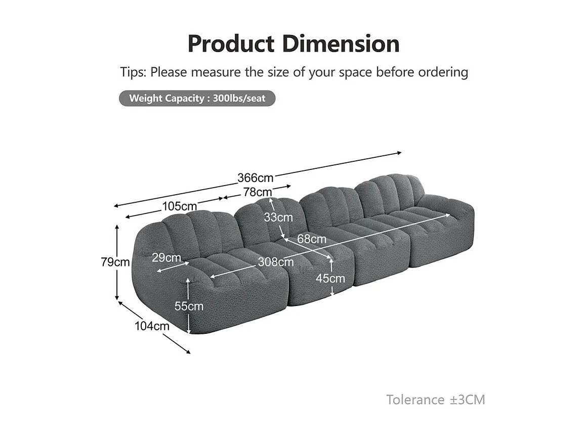 Canapé 4 places modulable en velours côtelé, ergonomique, sans assemblage, 366x104x79cm, Gris
