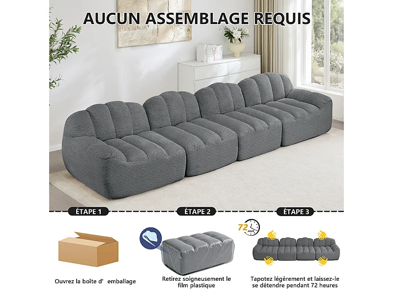 Canapé 4 places modulable en velours côtelé, ergonomique, sans assemblage, 366x104x79cm, Gris