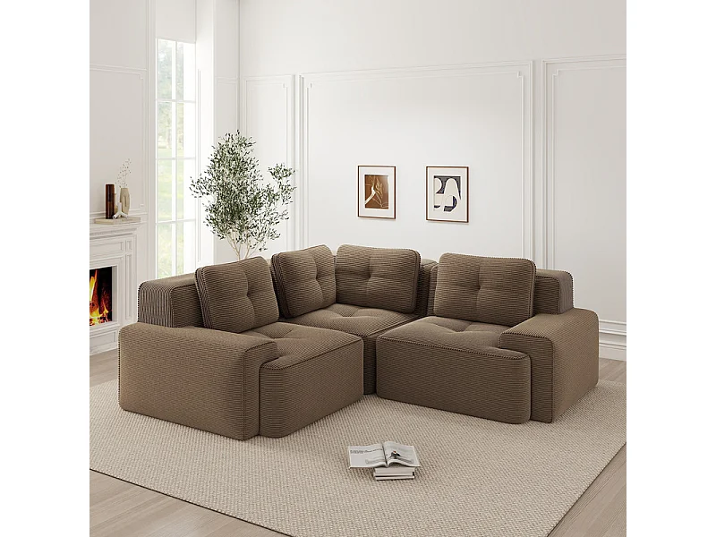 Canapé d'angle gauche modulable en velours côtelé, avec 4 coussins, 177x177x69cm, Marron