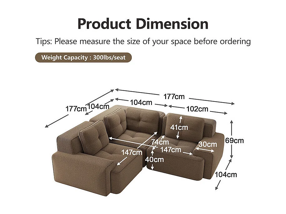 Canapé d'angle gauche modulable en velours côtelé, avec 4 coussins, 177x177x69cm, Marron