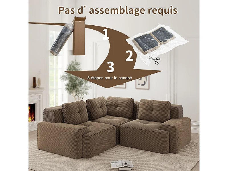 Canapé d'angle gauche modulable en velours côtelé, avec 4 coussins, 177x177x69cm, Marron