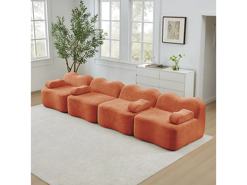 Canapé modulable en velours - 4 places - coussin d'accoudoir mobile - 384x98x70cm - Orange