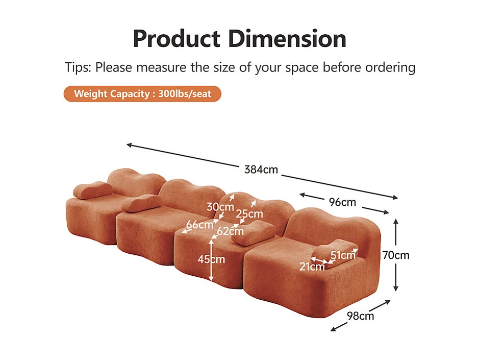 Canapé modulable en velours - 4 places - coussin d'accoudoir mobile - 384x98x70cm - Orange