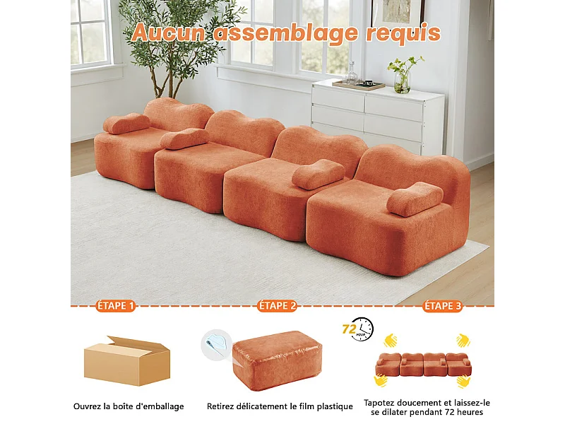 Canapé modulable en velours - 4 places - coussin d'accoudoir mobile - 384x98x70cm - Orange