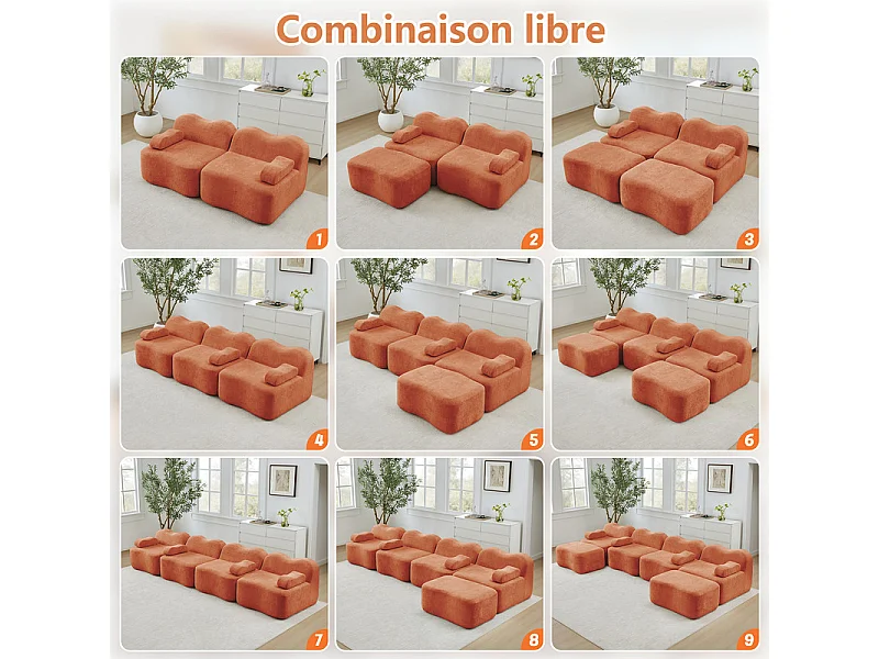 Canapé modulable en velours - 4 places - coussin d'accoudoir mobile - 384x98x70cm - Orange