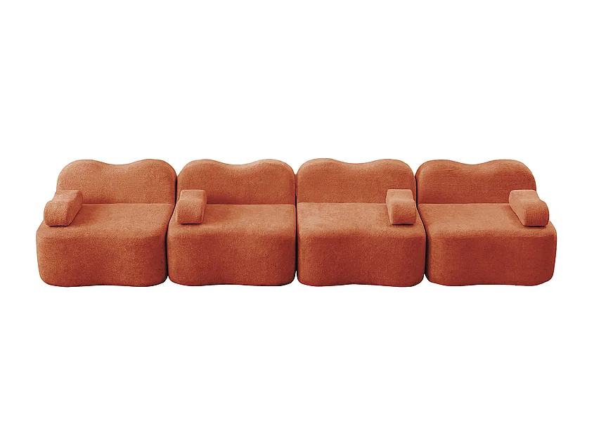 Canapé modulable en velours - 4 places - coussin d'accoudoir mobile - 384x98x70cm - Orange