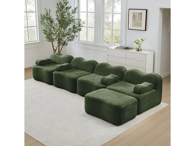 Modulaire hoekbank van fluweel - 4-zits - met poef en armleuningskussen - 384x167x70cm - Groen