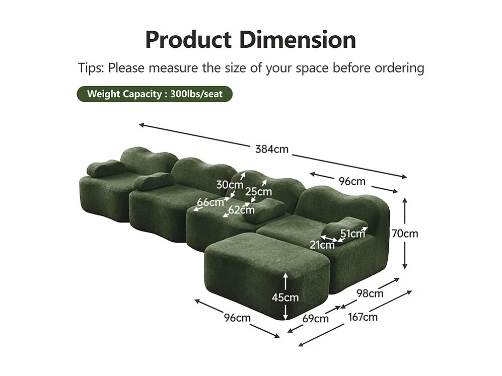 Modulaire hoekbank van fluweel - 4-zits - met poef en armleuningskussen - 384x167x70cm - Groen