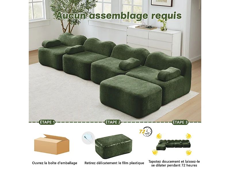 Modulaire hoekbank van fluweel - 4-zits - met poef en armleuningskussen - 384x167x70cm - Groen