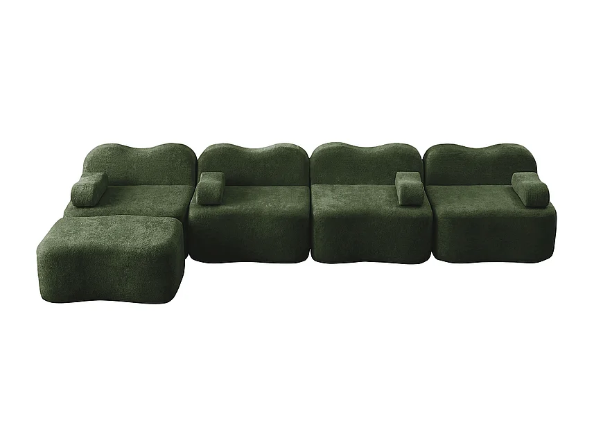 Modulaire hoekbank van fluweel - 4-zits - met poef en armleuningskussen - 384x167x70cm - Groen