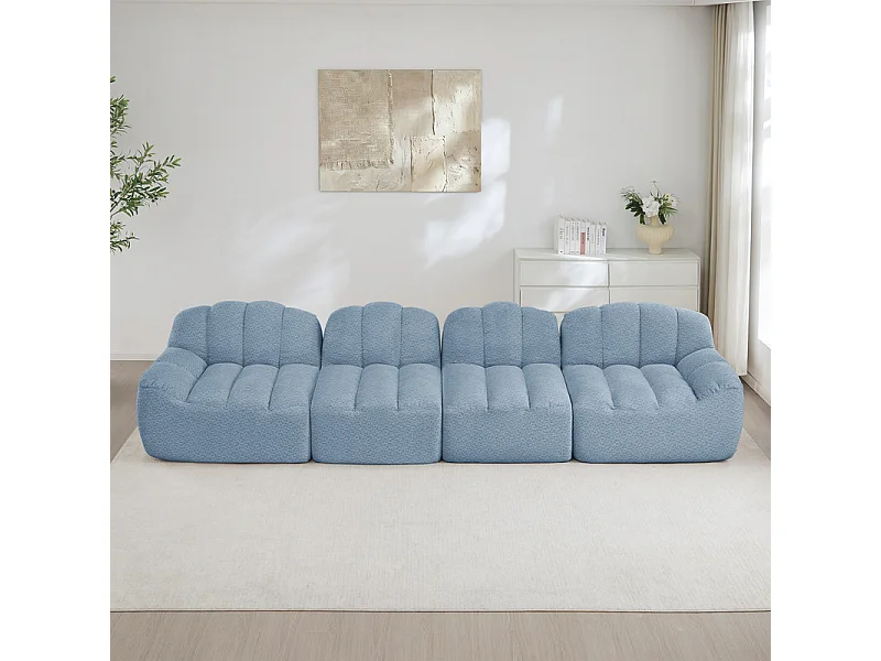Canapé 4 places modulable en velours côtelé, ergonomique, sans assemblage, 366x104x79cm, Bleu