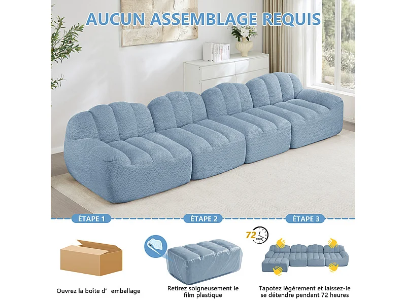 Canapé 4 places modulable en velours côtelé, ergonomique, sans assemblage, 366x104x79cm, Bleu