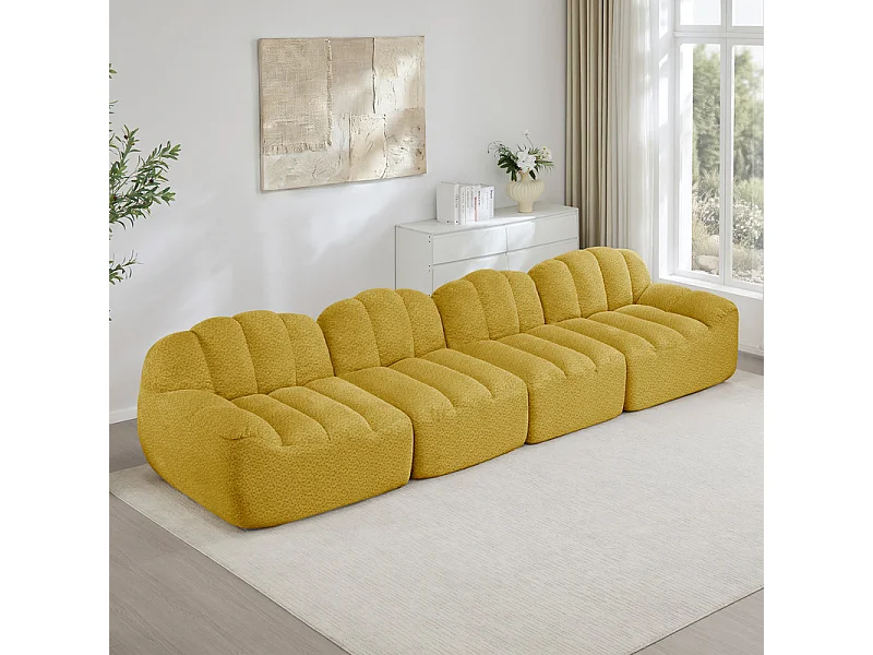 Canapé 4 places modulable en velours côtelé, ergonomique, sans assemblage, 366x104x79cm, Jaune