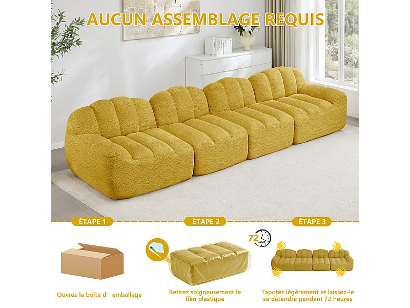 Canapé 4 places modulable en velours côtelé, ergonomique, sans assemblage, 366x104x79cm, Jaune