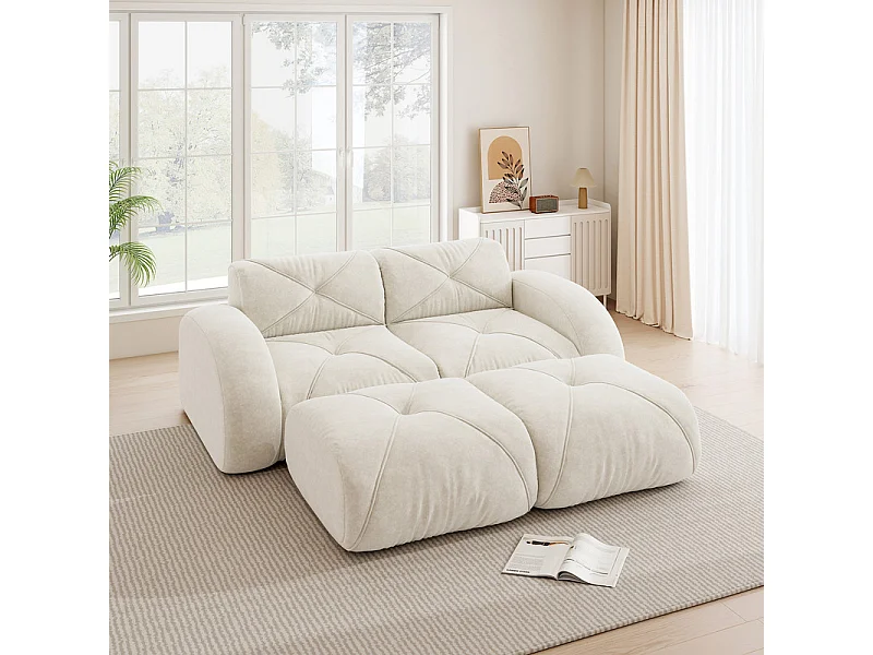 Canapé d'angle modulable en tissu chenille, 2 places, avec 2 pouf, 204x171x76cm, Blanc