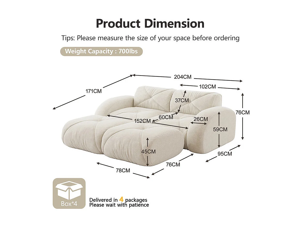 Canapé d'angle modulable en tissu chenille, 2 places, avec 2 pouf, 204x171x76cm, Blanc