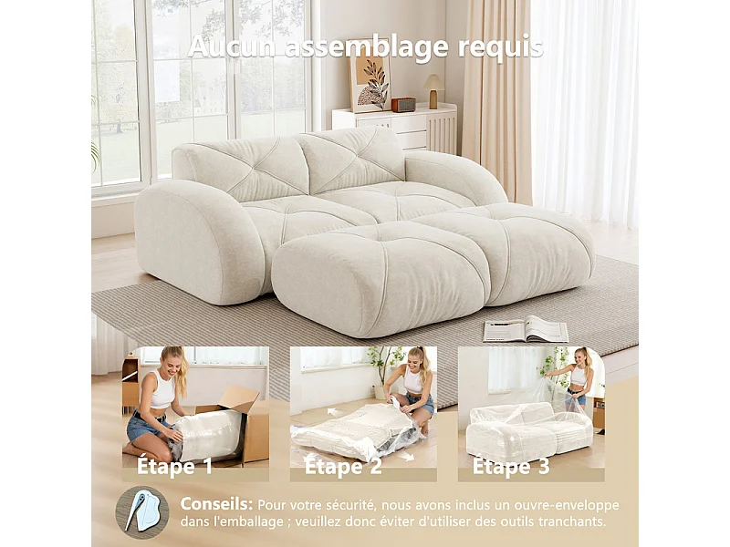 Canapé d'angle modulable en tissu chenille, 2 places, avec 2 pouf, 204x171x76cm, Blanc