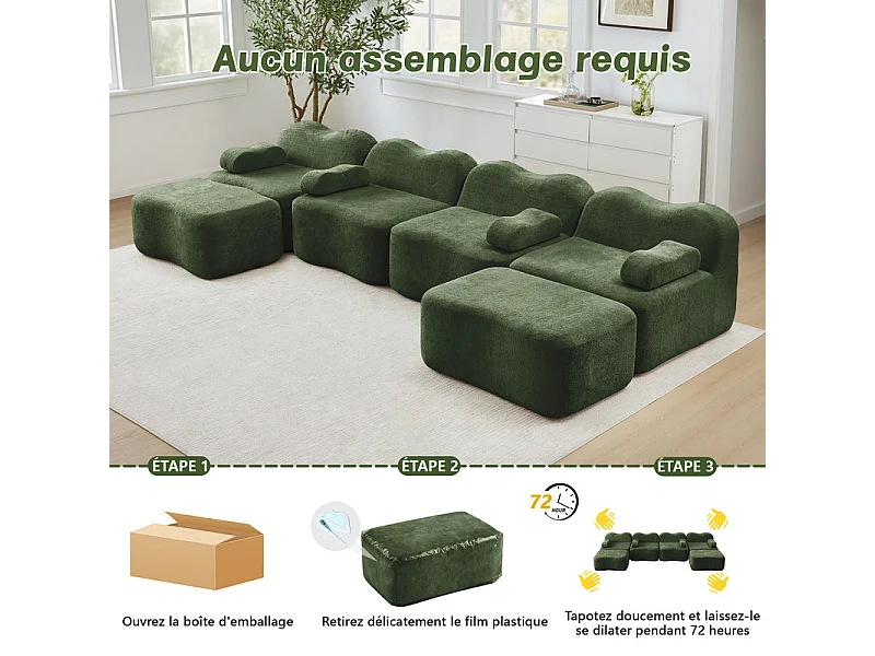 Modulaire U-hoekbank - 4-zits - met 2 poefs - Fluweel - 384x167x70cm - Groen