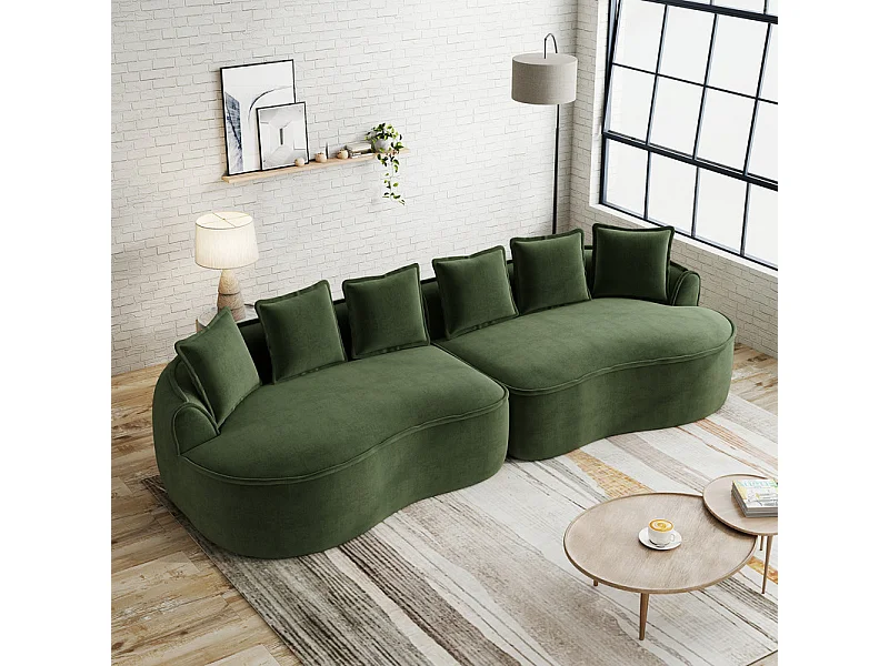 Canapé 4 places modulable en tissu chenille, avec 6 coussins, 63cm assise profonde, 320x114x67cm, Vert
