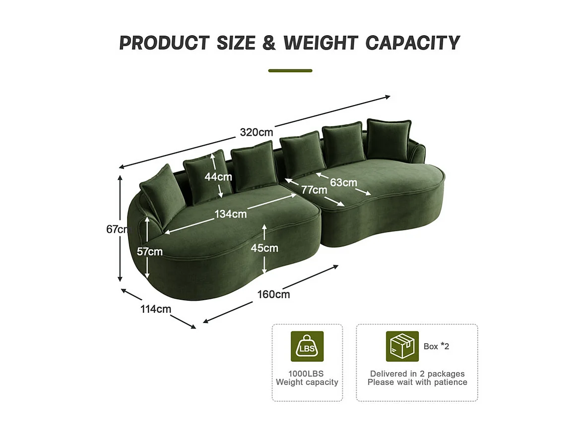 Canapé 4 places modulable en tissu chenille, avec 6 coussins, 63cm assise profonde, 320x114x67cm, Vert