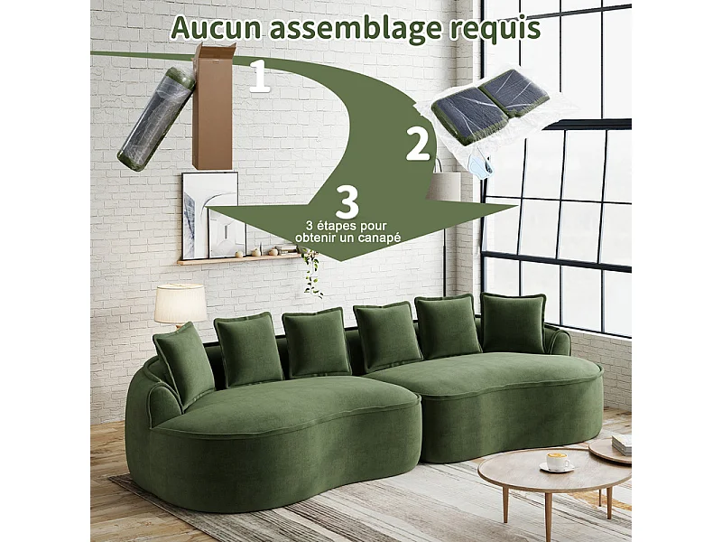 Canapé 4 places modulable en tissu chenille, avec 6 coussins, 63cm assise profonde, 320x114x67cm, Vert