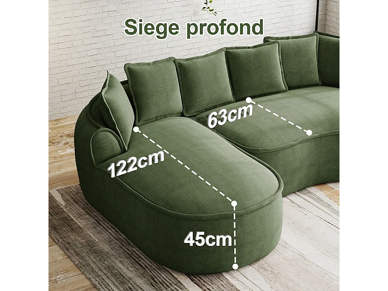 Canapé 4 places modulable en tissu chenille, avec 6 coussins, 63cm assise profonde, 320x114x67cm, Vert