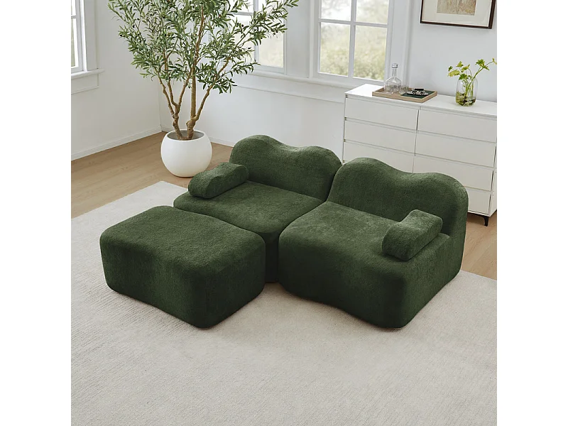 Modulares Ecksofa aus Samt, mit Hocker und mobilem Armlehnkissen, 192x167x70cm, Grün