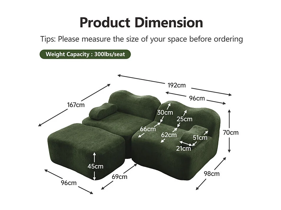 Modulares Ecksofa aus Samt, mit Hocker und mobilem Armlehnkissen, 192x167x70cm, Grün