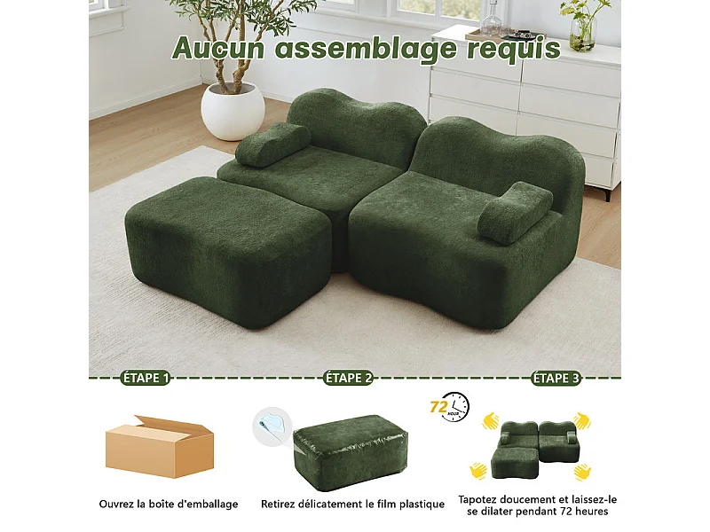 Modulares Ecksofa aus Samt, mit Hocker und mobilem Armlehnkissen, 192x167x70cm, Grün