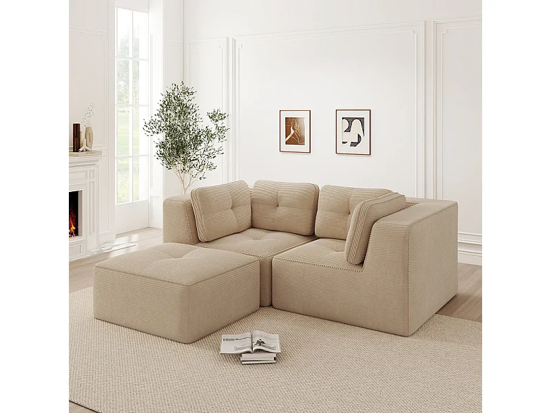 Canapé d'angle modulable, avec pouf et coussins, en velours côtelé, Beige, 208x177x69cm