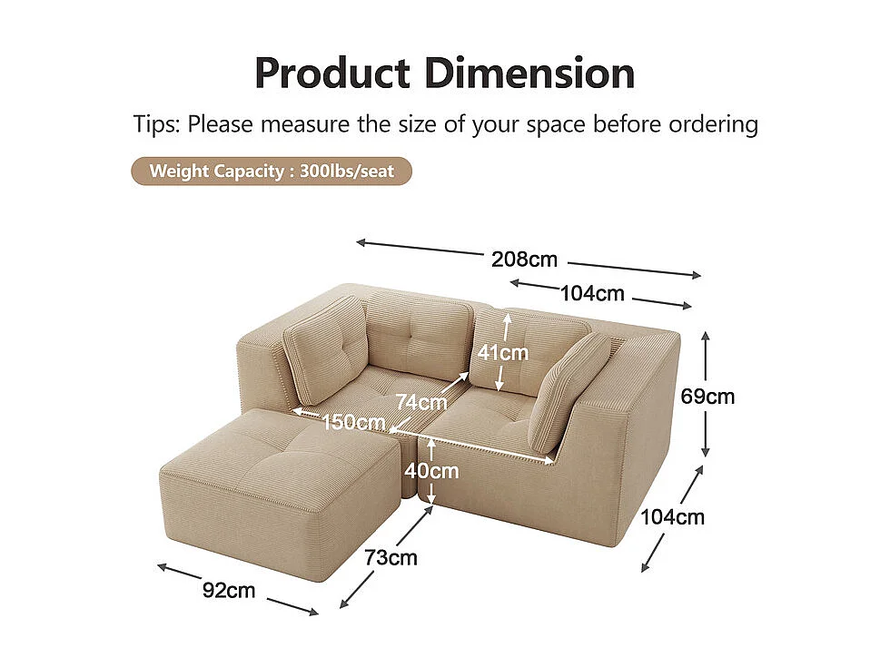 Canapé d'angle modulable, avec pouf et coussins, en velours côtelé, Beige, 208x177x69cm