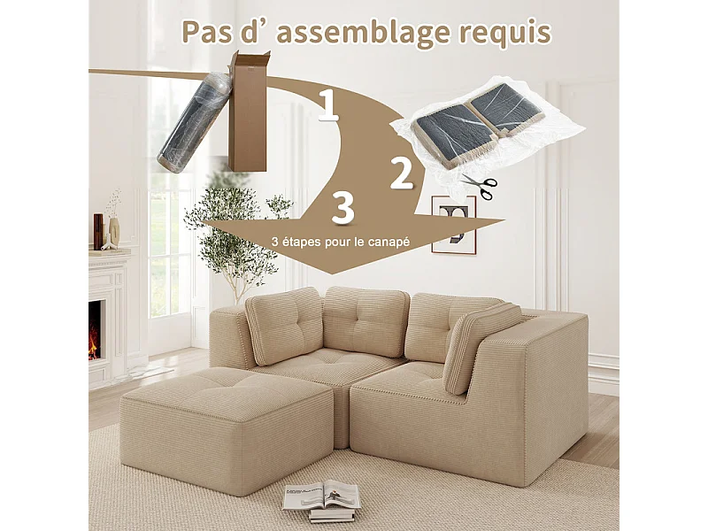 Canapé d'angle modulable, avec pouf et coussins, en velours côtelé, Beige, 208x177x69cm