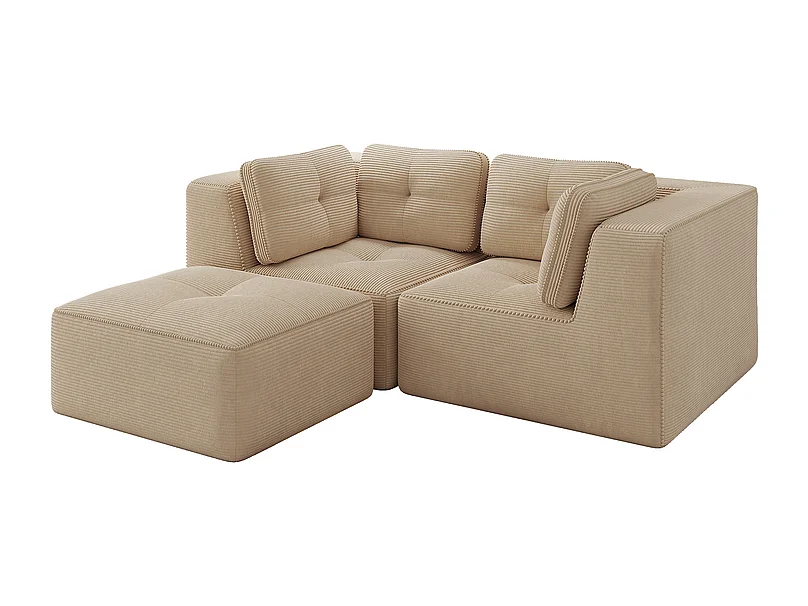 Canapé d'angle modulable, avec pouf et coussins, en velours côtelé, Beige, 208x177x69cm
