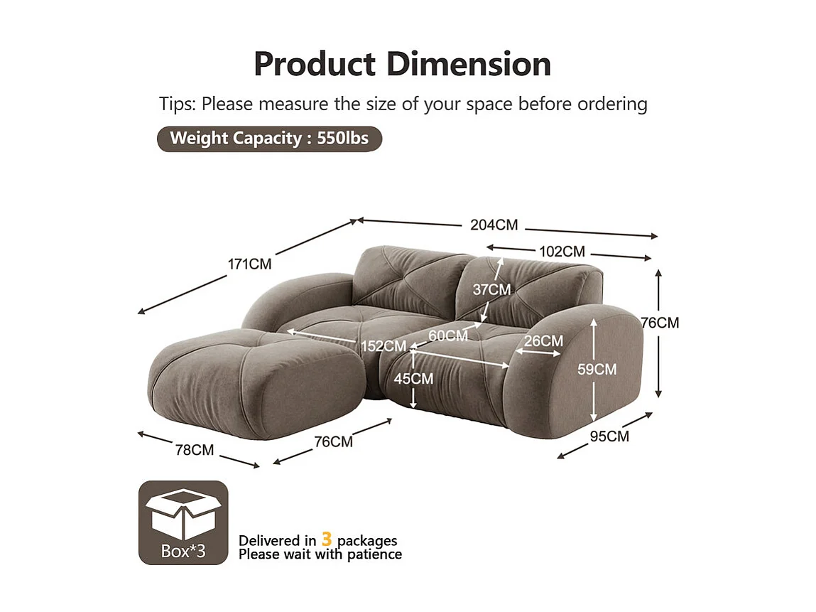 Canapé 2 places d'angle modulable en tissu chenille, avec pouf, 204x171x76cm, Marron