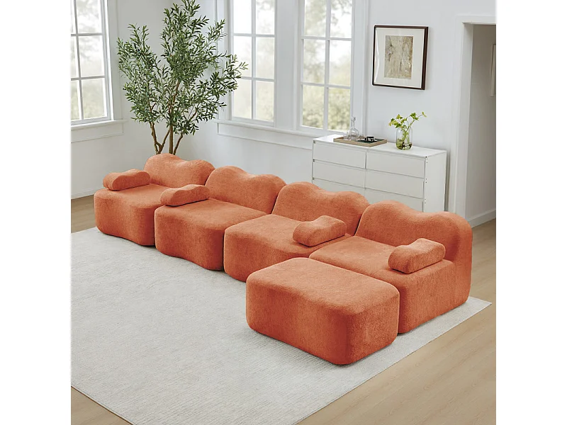 Modulaire hoekbank van fluweel - 4-zits - met poef en armleuningskussen - 384x167x70cm - Oranje