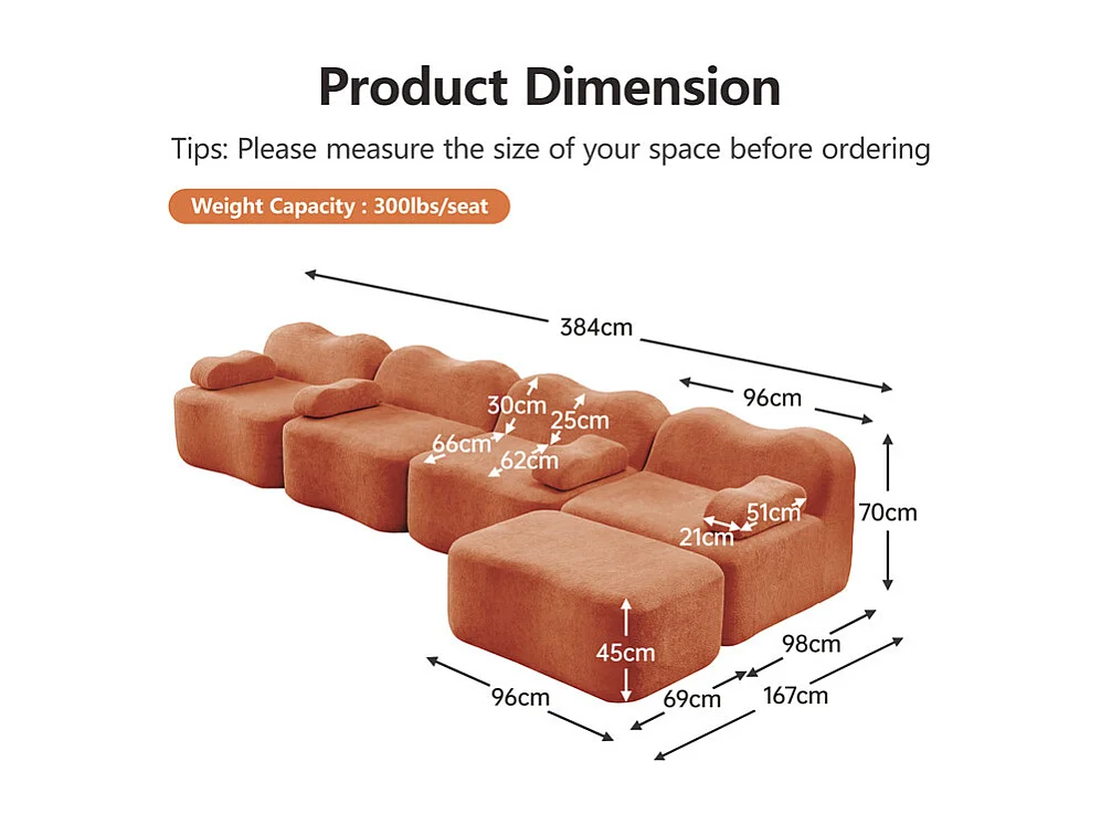 Modulaire hoekbank van fluweel - 4-zits - met poef en armleuningskussen - 384x167x70cm - Oranje