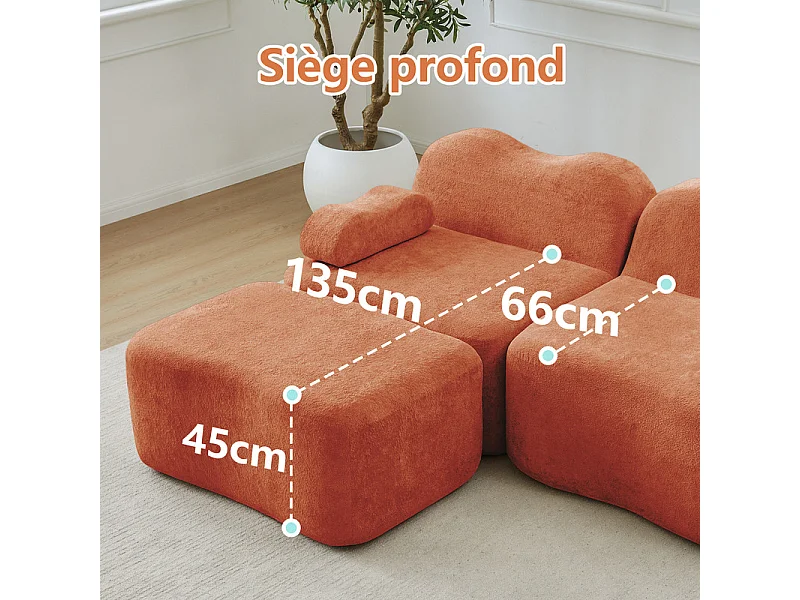 Modulaire hoekbank van fluweel - 4-zits - met poef en armleuningskussen - 384x167x70cm - Oranje