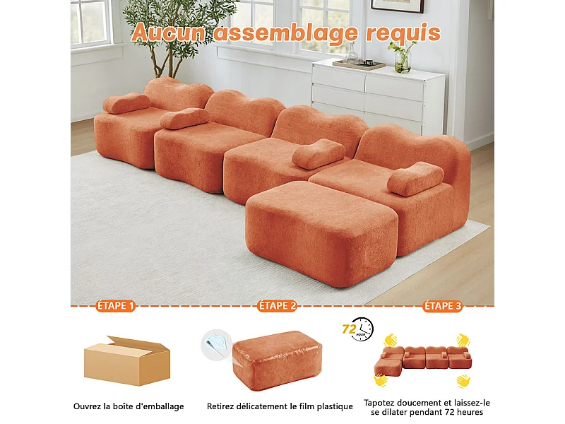 Modulaire hoekbank van fluweel - 4-zits - met poef en armleuningskussen - 384x167x70cm - Oranje