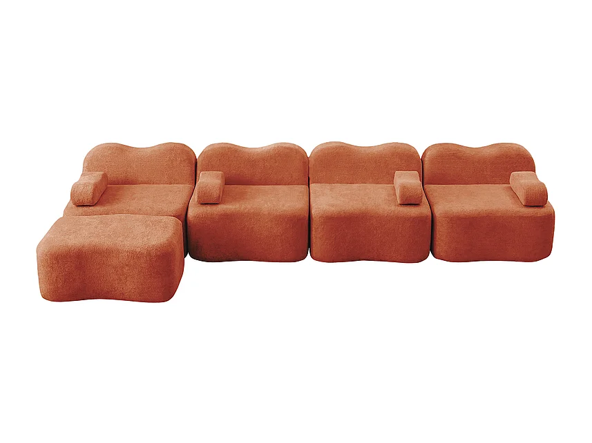 Modulaire hoekbank van fluweel - 4-zits - met poef en armleuningskussen - 384x167x70cm - Oranje