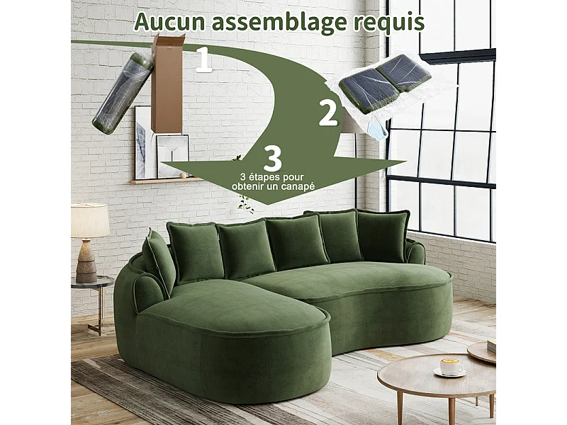 Canapé d'angle gauche modulable en tissu chenille, avec méridienne et coussins, 252x164x67cm, Vert