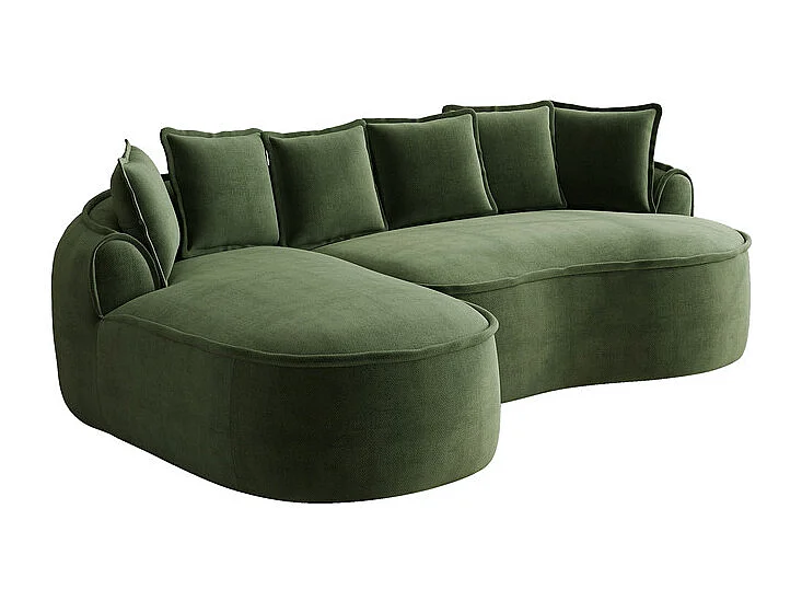 Canapé d'angle gauche modulable en tissu chenille, avec méridienne et coussins, 252x164x67cm, Vert