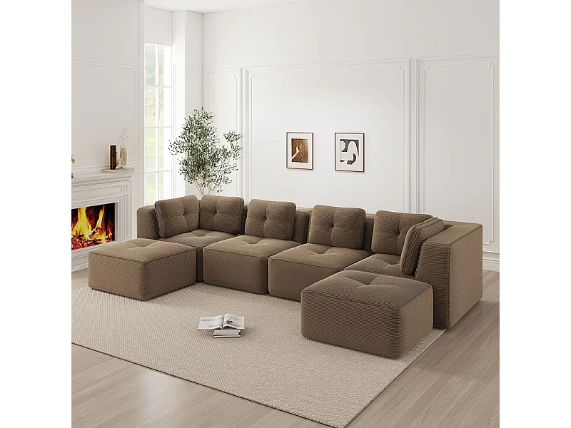 Canapé 4 places panoramique modulable, en velours côtelé, avec 2 pouf, 386x177x69cm, Marron