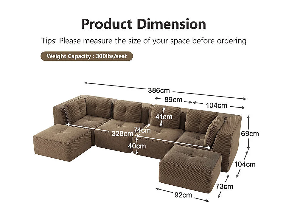 Canapé 4 places panoramique modulable, en velours côtelé, avec 2 pouf, 386x177x69cm, Marron